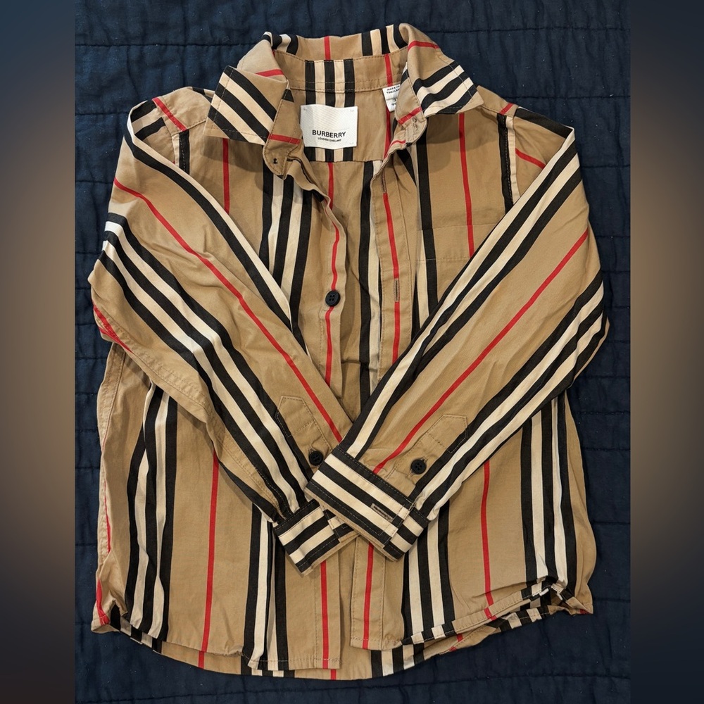 Burberry Kids Striped Button Down Shirt - Tan, Black, Red